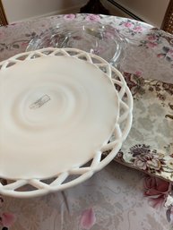 Milk Glass Cake Plate And Two Platters