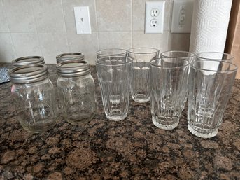 4 Ball Jars And 7 Glasses