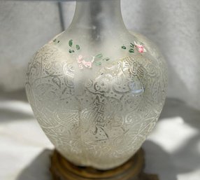 Vintage Frosted Etched Glass Table Lamp, Hand Painted