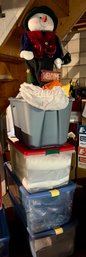 Snowman And Four Totes Of Christmas Decor
