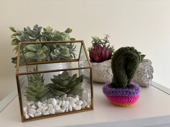 Faux Plant Lot #2 With Geometric Glass Terrarium