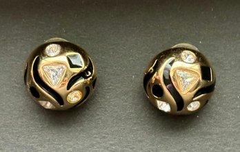 Vintage Swarovski Black Enamel Clear Crystal Pierced Round Earrings