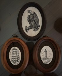 Set Of Three Scrimshaw Etched Art