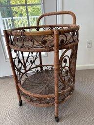 Vintage Mid Century Wicker Rattan Rolling Bar Cart