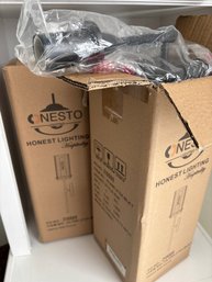 Two New Hebron Clear Stripe Glass Black Wall Sconce HLSWL2104-BLK1 By Onesto Lighting