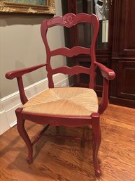 Provincial Arm Dining Chair With Woven Rush Seat, Crimson Red Finish