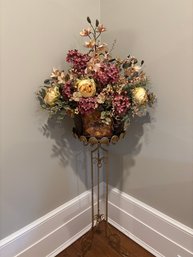 Italian Hollywood Regency Iron Plant Stand With Faux Flower Arrangement