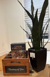 Decorative Wood Box, 2 Vases, Faux Plant, Game