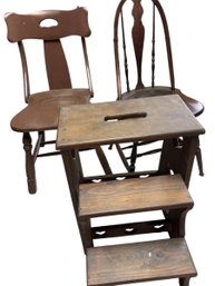 Two Vintage Wood Chairs And Stairs