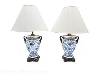 Pair Ceramic Lamps Decorated In Blue And White Floral Motif