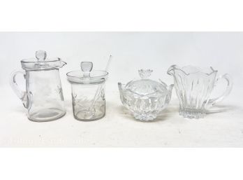 Two Sets Of Glass Creamer & Sugar / Condiment Pots