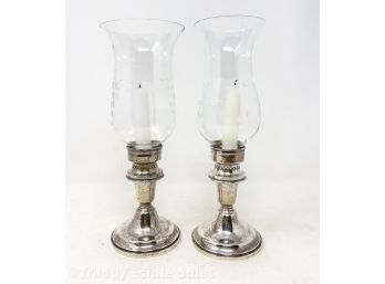 JE Caldwell & Co. Sterling Silver Candlesticks With Etched Glass Hurricanes