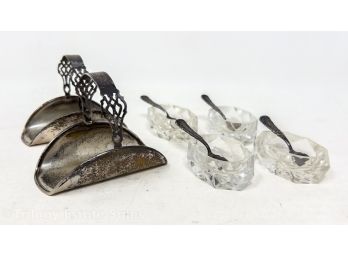 Pair Lunt Sterling Silver Napkin Ring Baskets Monogrammed 'S' & Salts With Sterling Silver Shovels