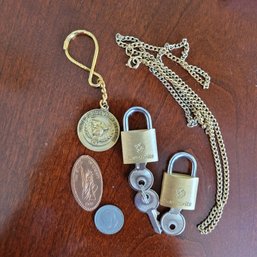 Vintage Misc Lot - 1966 50 Cent Greek Drachmas Coin, Liberty Pressed Penny, Army Reserve Key Chain, Etc