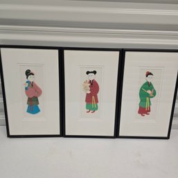 Trio Of Vintage Traditional Chinese Framed Silk Figures Wall Art