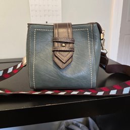 Unbranded Small Crossbody Handbag Made Of Faux Leather In Turquoise And Brown With Gold Accents.  (SK)