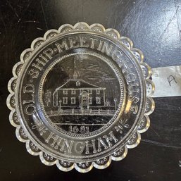Vintage Pairpoint Clear Glass Old Ship Meeting House Hingham Mass 1681 Commemorative Cup Plate