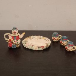 Miniature Christmas Snowman Tea Set With Snowman Tea Pot And Mugs