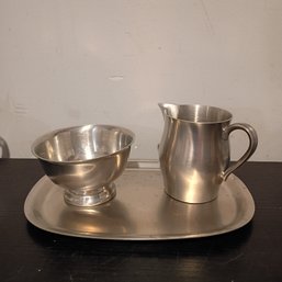 International Pewter Company Vintage Sugar Bowl Cream Pitcher Tray 3-Piece Set