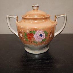 Vintage Japanese Lusterware Lidded Sugar Bowl W/distinctive Iridescent Finish And Hand-painted Design