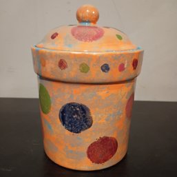 Vintage-style Ceramic Jar With A Speckled Orange Glaze And Colorful Polka Dots (NM)