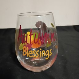 Decorative Hand Painted Stemless Wine Glass Featuring 'Autumn Blessings' Lettering And Fall-theme (NM)