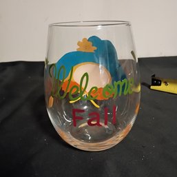 Hand-painted 'Hello Fall' Stemless Wine Glass Featuring Autumn Foliage And Festive Text(NM)