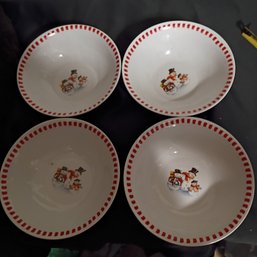 Vintage Trisa Stoneware Cereal Bowls Featuring A Snowman Family Design With A Red Checkered Border (NM)