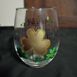 Hand-painted Or Custom-decaled Stemless Wine Glass Featuring Irish Or St. Patrick's Day Themes (NM)