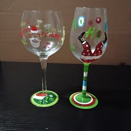 Set Of Hand-painted Christmas-themed Wine Glasses (NM1)
