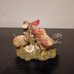 Decorative Collectible Figurine Featuring A Rooster And A Hen Nestled Among Foliage(NM)