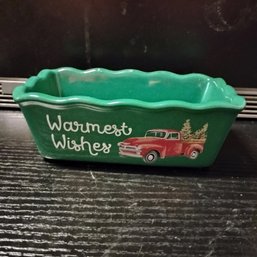 Nantucket Home For Holiday Ceramic Mini Bread Loaf Baking Pan With Red Truck And 'warmest Wishes' (NM)