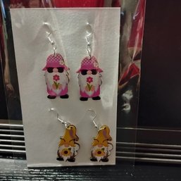 Dangle-style Wooden Gnome Earrings Feature Spring Flower Designs (NM)