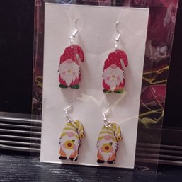 Dangle-style Wooden Gnome Earrings Feature  Spring Flower Designs (NM)