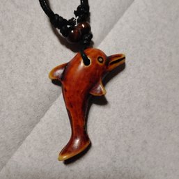 Dolphin Pendant Necklace, Crafted From Resin To Mimic Carved Bone Or Coconut Shell (NM)