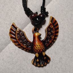 Tribal Eagle Pendant Necklace, Crafted From Resin To Mimic Carved Bone Or Coconut Shell (NM)