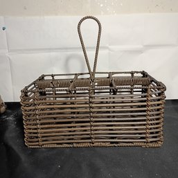 Vintage Woven Rattan Caddy Organizer Holder With A Handle (NM)