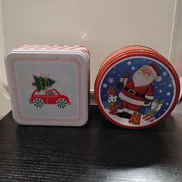 Two 6'  Festive Holiday Tins Santa And Car Transporting Christmas Tree (NM)