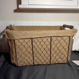 Rectangular Metal Wire Storage Basket Featuring A Burlap Liner And Wooden Handle Accents (NM) 2 Of 2