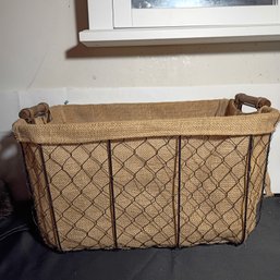 Rectangular Metal Wire Storage Basket Featuring A Burlap Liner And Wooden Handle Accents (NM) 1 Of 2