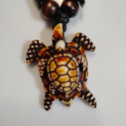 Sea Turtle Pendant Necklace, Crafted From Resin To Mimic Carved Bone Or Coconut Shell (NM)