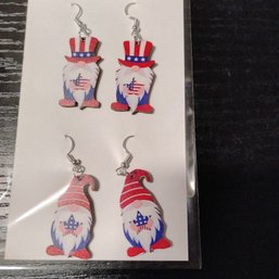Dangle-style Wooden Gnome Earrings Feature A Fourth Of July  Design (NM)