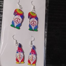 Dangle-style Tie-dyed Wooden Gnome Earrings Feature A Peace Sign Design (NM)