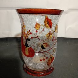 Harvest Leaves Crackle Glass Votive Candle Holder (NM)