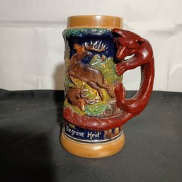 Vintage Ceramic German Beer Stein Featuring A Detailed Hunting Scene With A Fox-shaped Handle (NM)