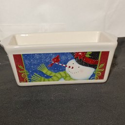 Ceramic Mini Loaf Pan By Nantucket Which Features A Festive Snowman And Cardinal Holiday Design (NM)