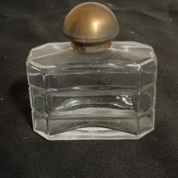 Vintage Art Deco Clear Glass Perfume Bottle With A Brass Stopper. (NM)