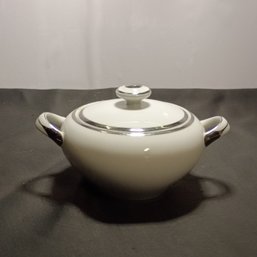 Vintage Covered Sugar Bowl Is The Harmony House Moderne 3545 Pattern, Featuring White China With Platinum (NM)