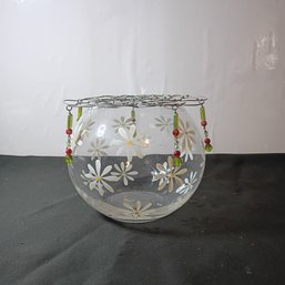 Teleflora Fishbowl-shaped Glass Vase W/ A Wire Mesh Grid With Bead Accents For Flower Arrangements (NM)
