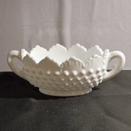 Vintage Fenton Hobnail Milk Glass Oval Handled Candy Or Nut Dish (NM)